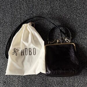 HOBO Black Leather Frame-Top Hobo Bag with Gold Hardware
